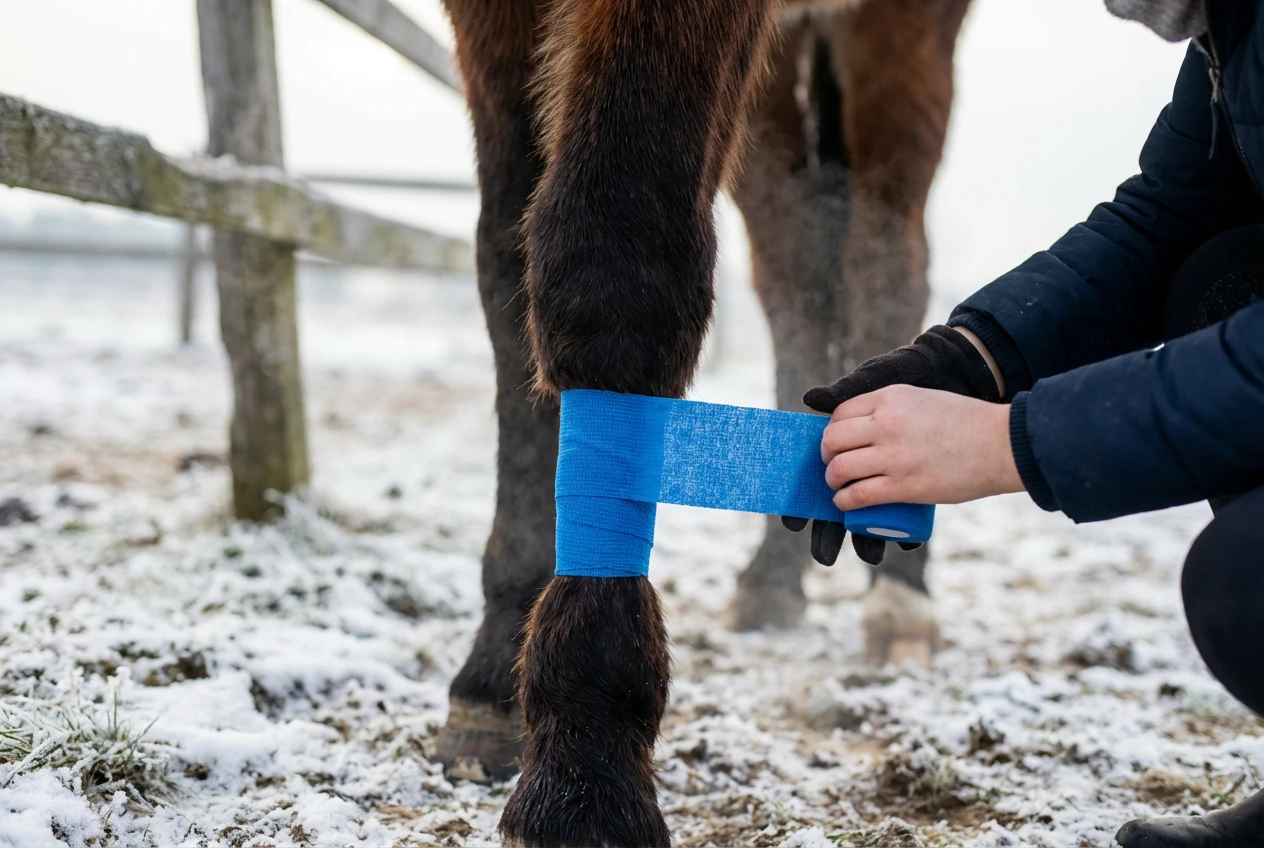 Close up of a veterinarian applying blue cohesive bandages for livestock on a horse leg, showing proper overlap