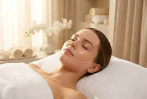 Close up of woman with beige beauty kinesiology tape on forehead and cheeks for lymphatic drainage