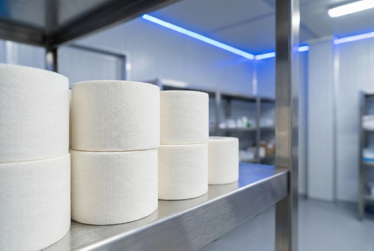 Forklift loading palletized medical consumables into a shipping container