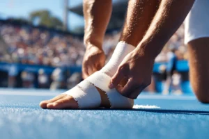 Rayon rigid strapping tape applied to a tennis player ankle during a match