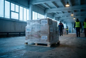 Pallet of MediTapes surgical tape boxes sitting in a warehouse with frost on the shrink wrap