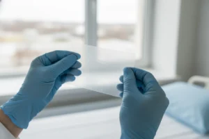 Un profesional médico aplicando un apósito de película de PU transparente