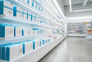 Rollo de cinta de silicona para cicatrices al por mayor sobre el mostrador de una farmacia junto a una carpeta con pinza