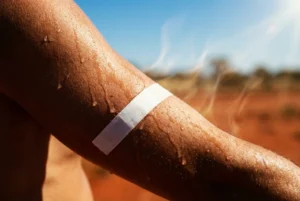 Rolls of sweat-proof medical tape on a table with Australian outback background