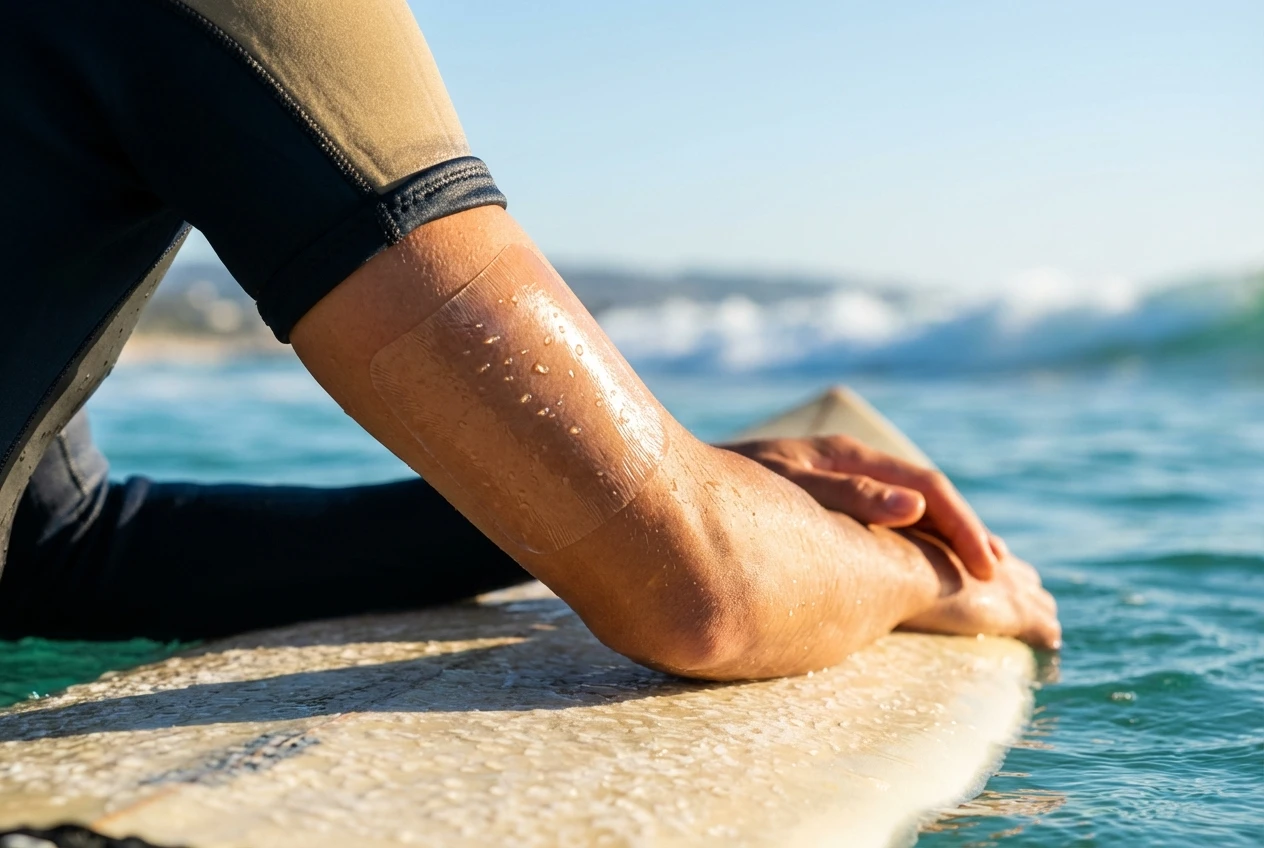 Swimmer with waterproof wound dressing on arm in a pool, high adhesion medical tape