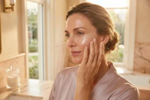 Customer demonstrating the satisfying results of an overnight hydrocolloid face patch