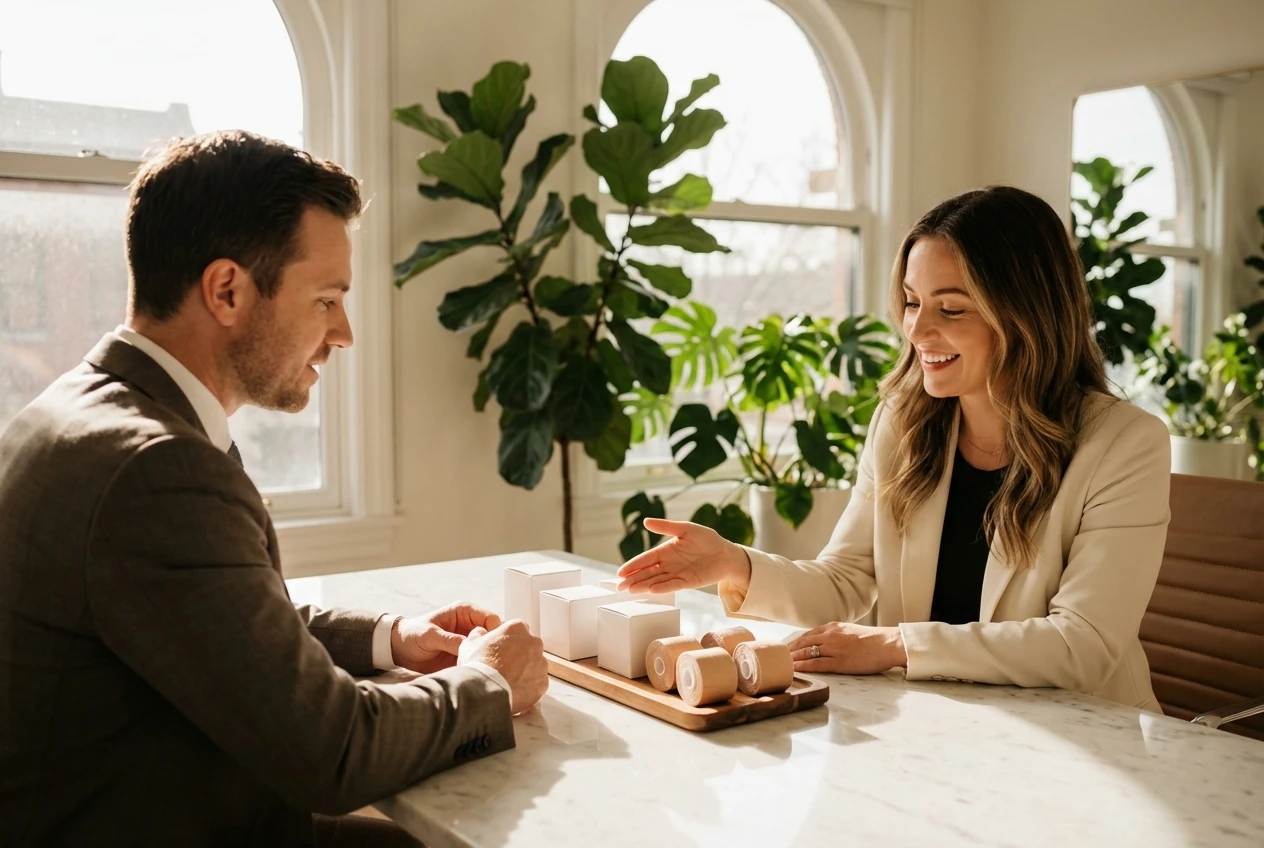Distributor holding MediTapes boxes preparing to sell face tape to salons