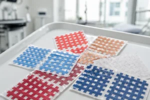 Hypoallergene Gittertape-Pflaster auf einem sauberen medizinischen Tablett in einer Physiotherapie-Praxis