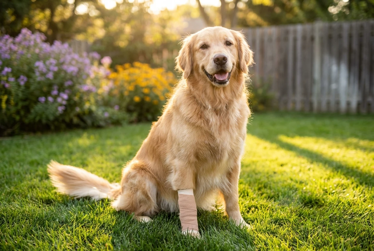 Selbsthaftende Anti-Leck-Bandagen als Alternative zur Halskrause für die Wundversorgung am Hundebein nach einer Operation