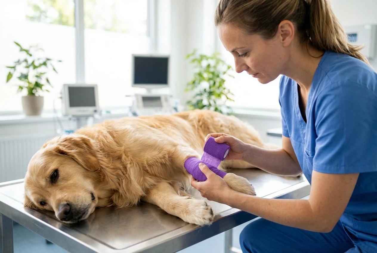 Veterinarian applying bitter taste cohesive bandages for IV catheter security dogs in modern veterinary hospital exam room