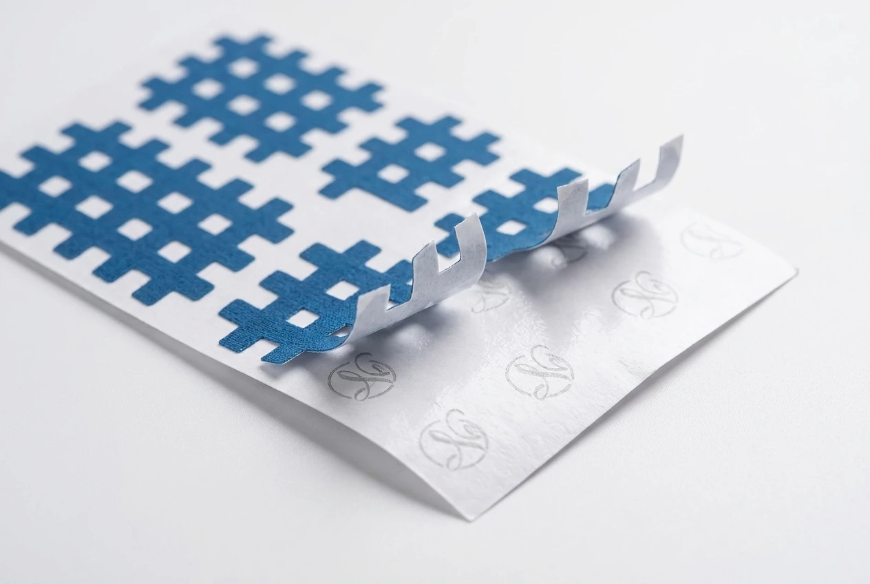 custom backing paper cross tape with premium blue grid kinesiology tape partially peeled showing elegant printed branding