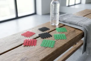 Close-up view of premium custom cross kinesiology tape patches in multiple colors and grid patterns ready for OEM sports brand customization