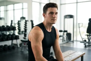 Durchtrainierter Athlet mit Triggerpunkt-Tape mit individuellem Logo auf der Schulter in einer realistischen Erholungsszene im Fitnessstudio