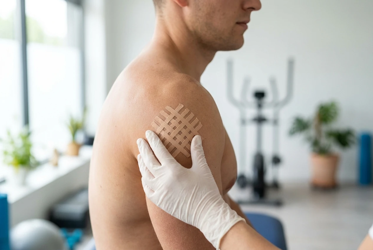A professional physical therapist applying a type B custom size grid tape to an athlete's shoulder in a modern sports rehab clinic