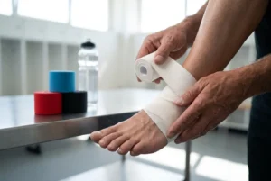 Professional athletic trainer using premium ankle wrap tape wholesale to wrap a soccer player's joint in a stadium locker room
