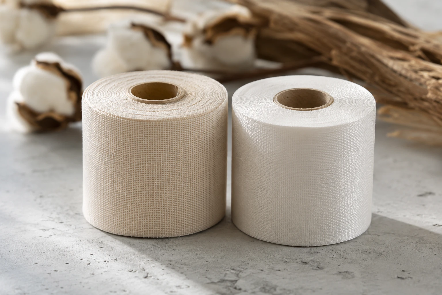 Comparing the textures of cotton vs rayon tape rolls on a workspace with raw material elements