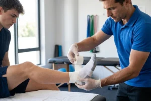 Strapazierfähiges Baumwoll-Sporttape wird zur starken Gelenkunterstützung professionell am Knöchel eines Sportlers angebracht