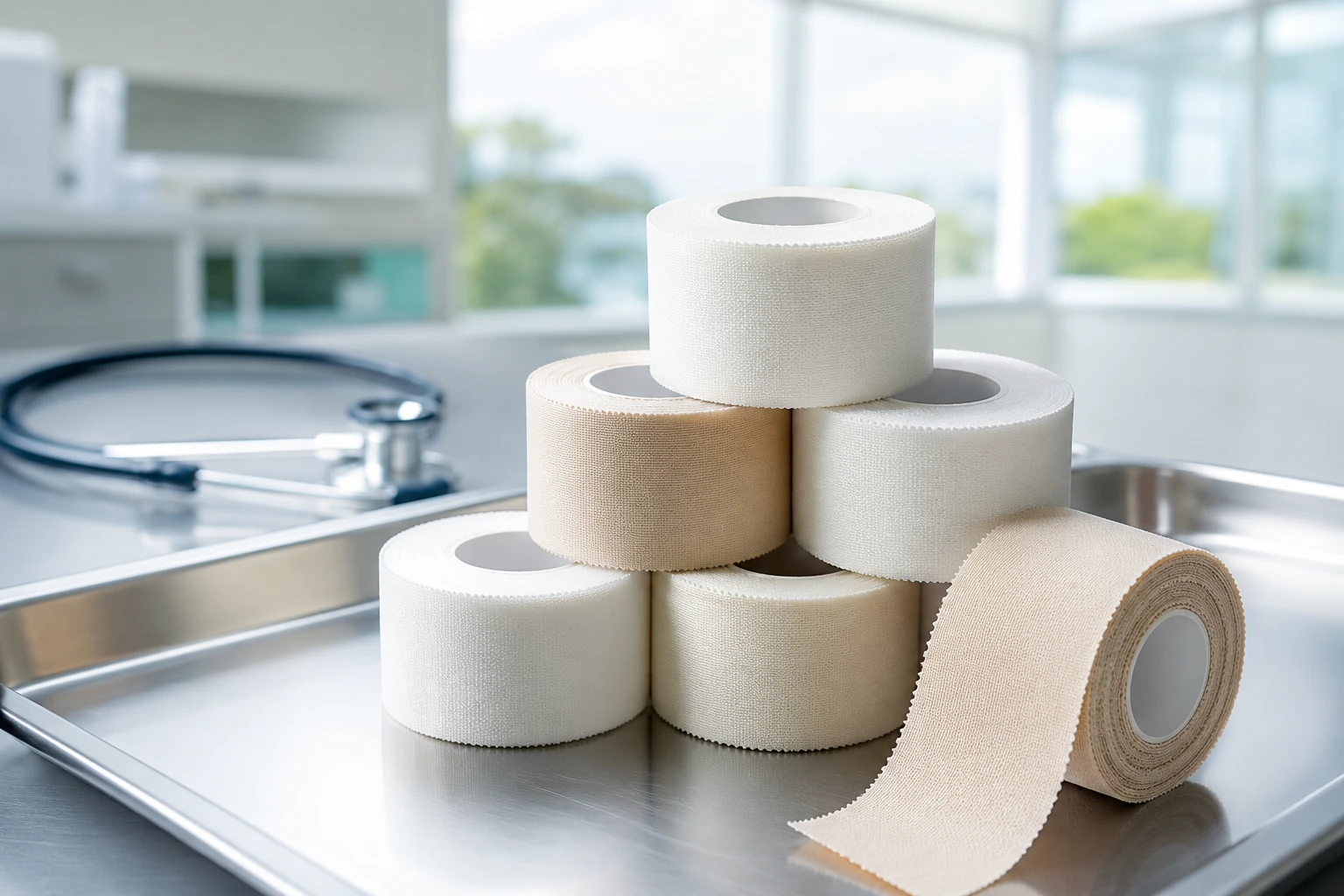 Premium medical grade rigid tape rolls neatly arranged on a sterile clinical tray in a modern hospital