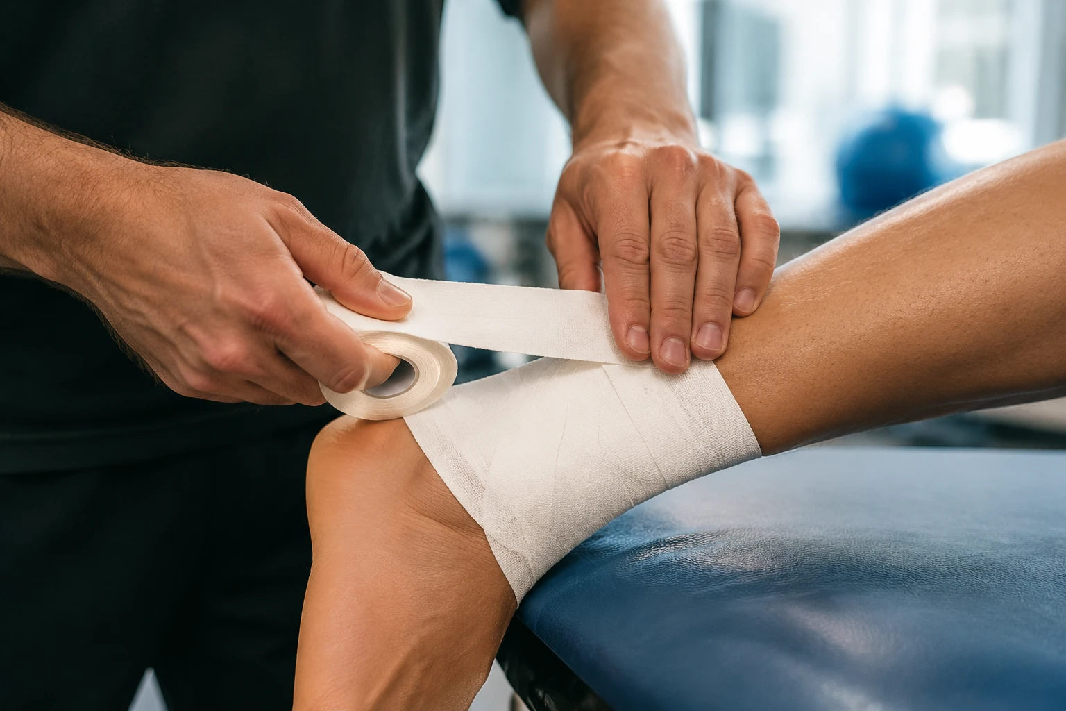 A professional athletic trainer applying rigid non-elastic athletic tape to support an athlete's ankle