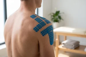 Auf Schulter und Rücken angebrachtes Spiral-Cross-Tape, das zeigt, wie Gittertape zur Linderung von Muskelverspannungen beiträgt