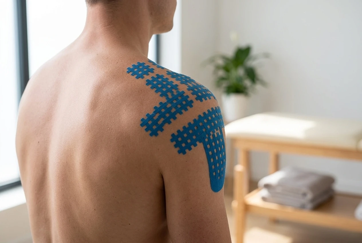 spiral cross tape applied on shoulder and back showing how grid tape works for muscle tension relief