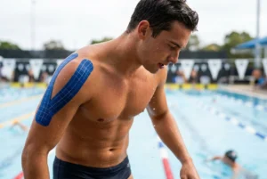 Wasserfestes Physio-Tape auf der Schulter eines Schwimmers nach dem Training im Pool