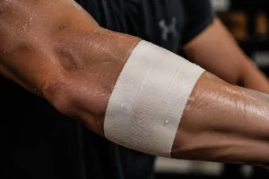Haftung von medizinischem Zinkoxid-Klebeband mit starkem Halt auf einem verschwitzten, athletischen Unterarm während eines intensiven Trainings
