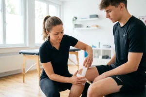 Medizinisches Zinkoxid-Sporttape, das von einem Physiotherapeuten in einer modernen Klinik professionell auf das Knie eines Sportlers aufgetragen wird