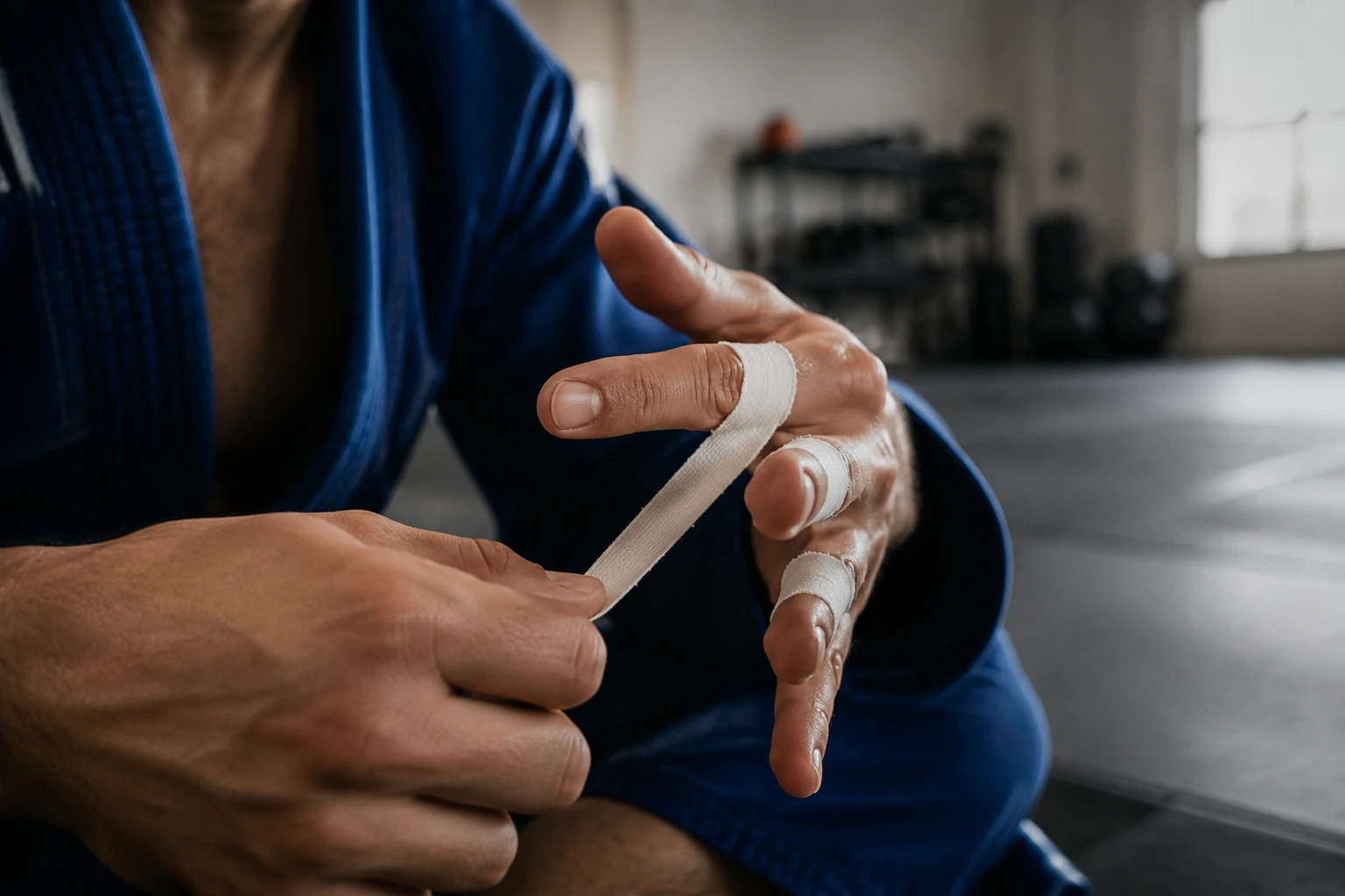 Atleta de BJJ vendándose los dedos con cinta deportiva estrecha, mostrando opciones de personalización de cintas atléticas premium para marcas de artes marciales.