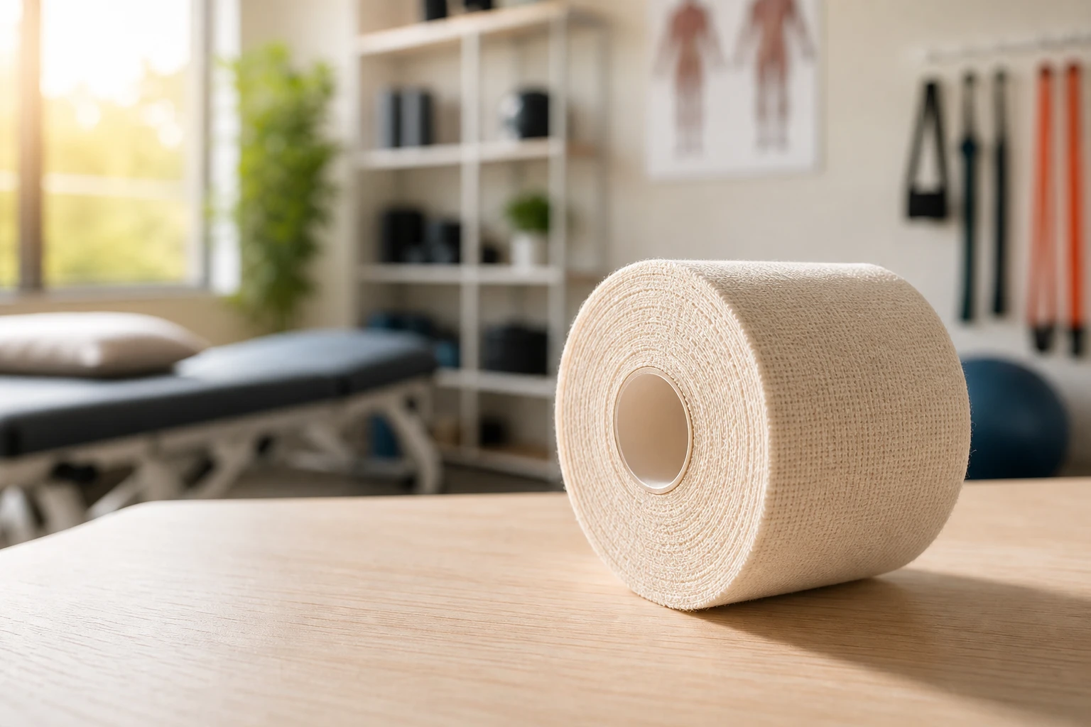 Premium breathable cotton athletic tape on a training table in a professional sports medicine clinic