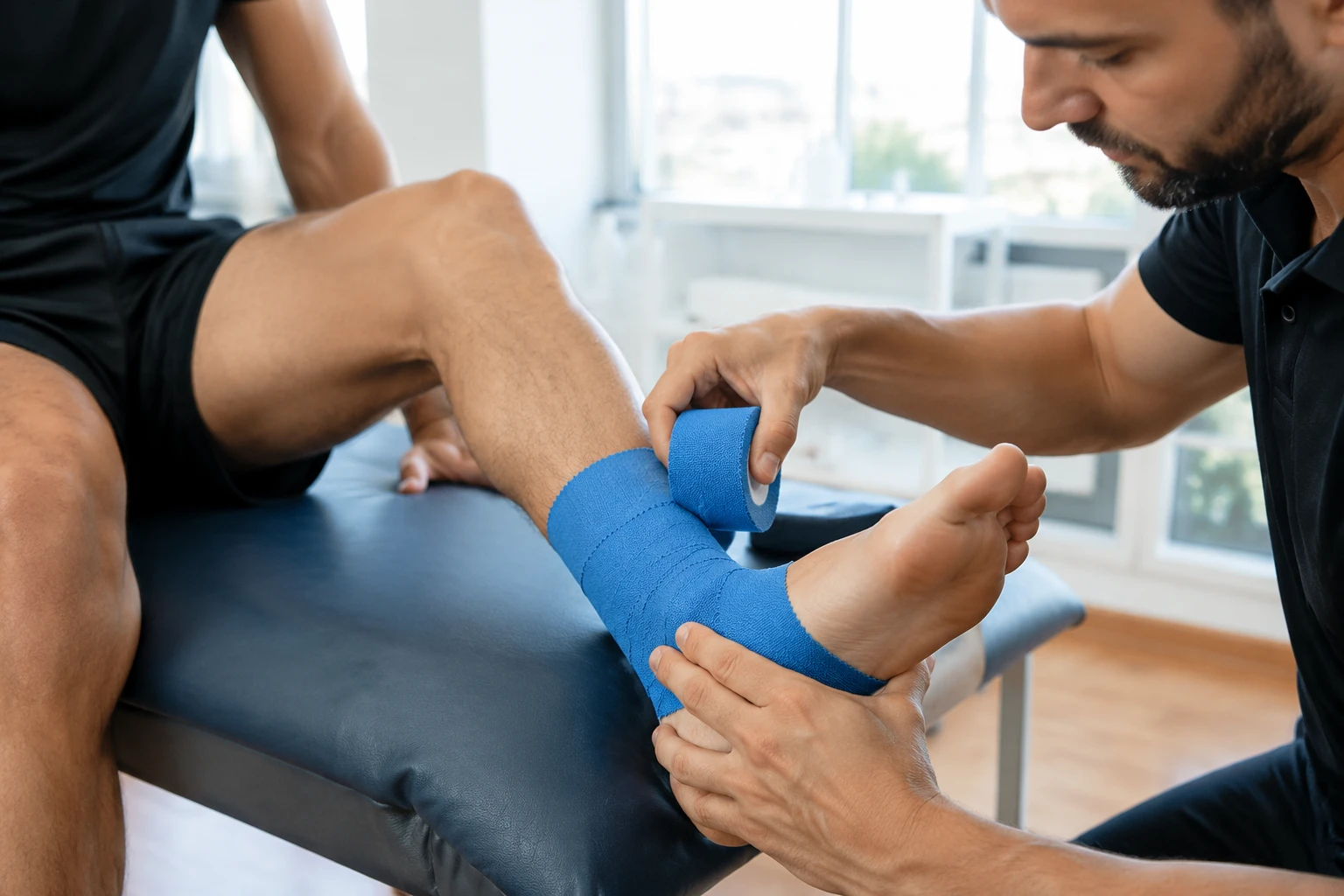 Athletic trainer applying heavy duty tape tensile strength orthopedic strapping to an athlete’s ankle for maximum joint support