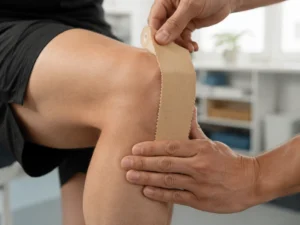 A physical therapist applying a premium McConnell taping rigid tape to a patient's knee for patellofemoral support in a clinical setting
