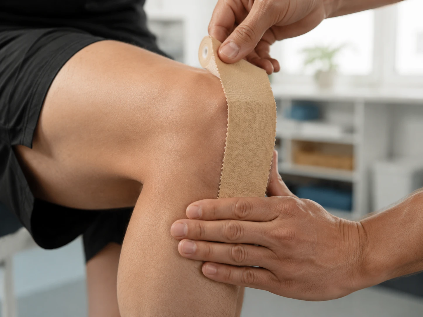 Un fisioterapeuta aplicando una cinta rígida para vendaje de McConnell de calidad superior en la rodilla de un paciente para brindar soporte patelofemoral en un entorno clínico