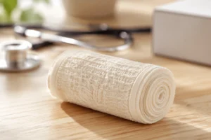 A neatly rolled high-quality medical cotton elastic crepe bandage showcasing its natural crinkled texture on a clinic table
