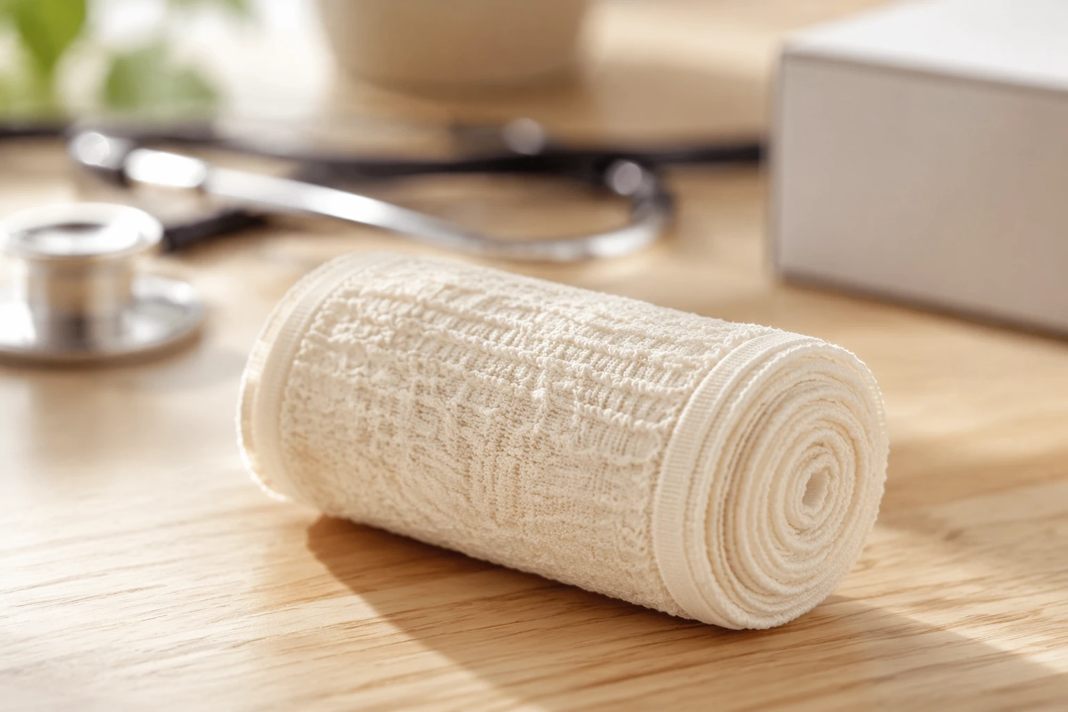 A neatly rolled high-quality medical cotton elastic crepe bandage showcasing its natural crinkled texture on a clinic table