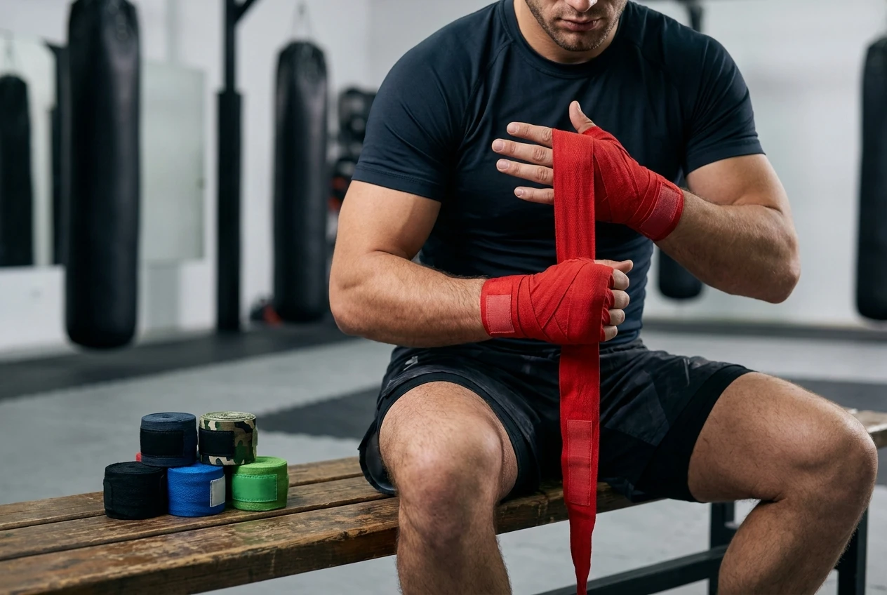MMA hand wrap tape wholesale - Professional red MMA training tape being wrapped by fighter in gym setting