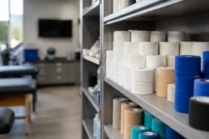 Neatly organized shelves of premium athletic tape in a professional medical room, representing optimized sports club tape procurement