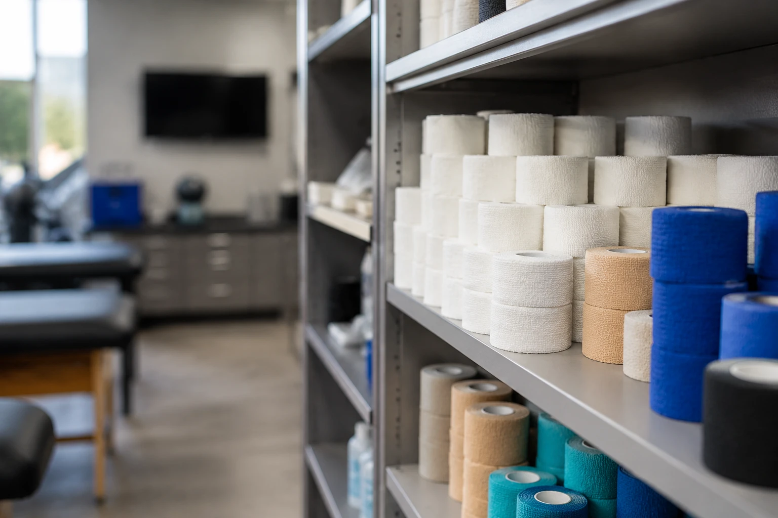 Estanterías perfectamente organizadas con cinta atlética de primera calidad en una sala médica profesional, que representan la optimización en la adquisición de suministros para clubes deportivos.