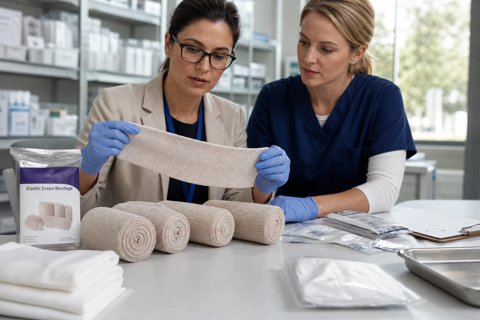 Hospital buyers and a wound care nurse evaluating breathable medical bandages for clinical procurement