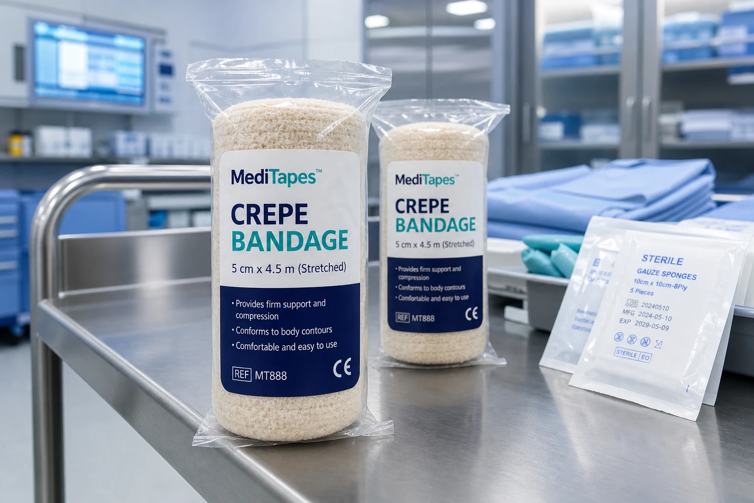 Crepe bandage products organized in a modern hospital operating room supply area