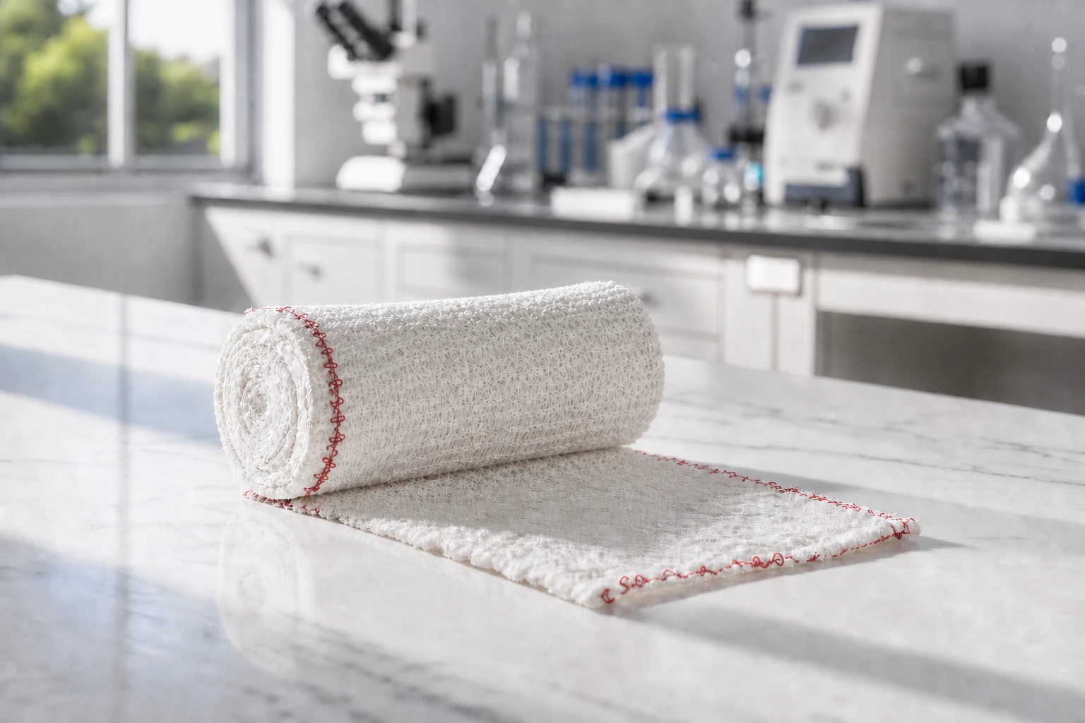 A premium heavy duty spandex elastic crepe bandage displayed in a professional quality control laboratory setting