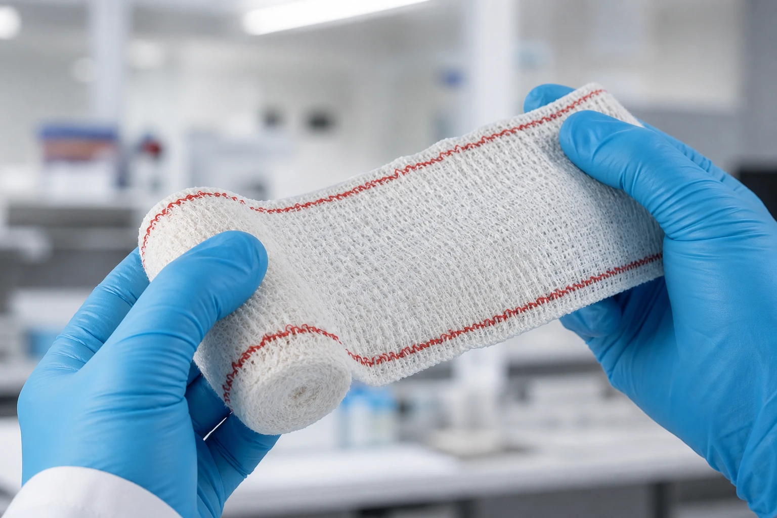 Quality control inspection of a sterile elastic crepe bandage at an ISO13485 certified factory