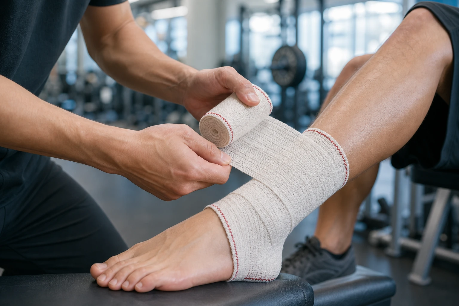 A physical therapist wrapping an athlete's ankle with a wholesale breathable elastic crepe bandage to provide compression support during training