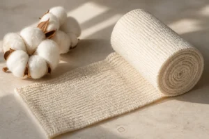 A roll of breathable elastic crepe bandage made from certified eco friendly medical cotton resting beside raw cotton bolls on a clean stone surface