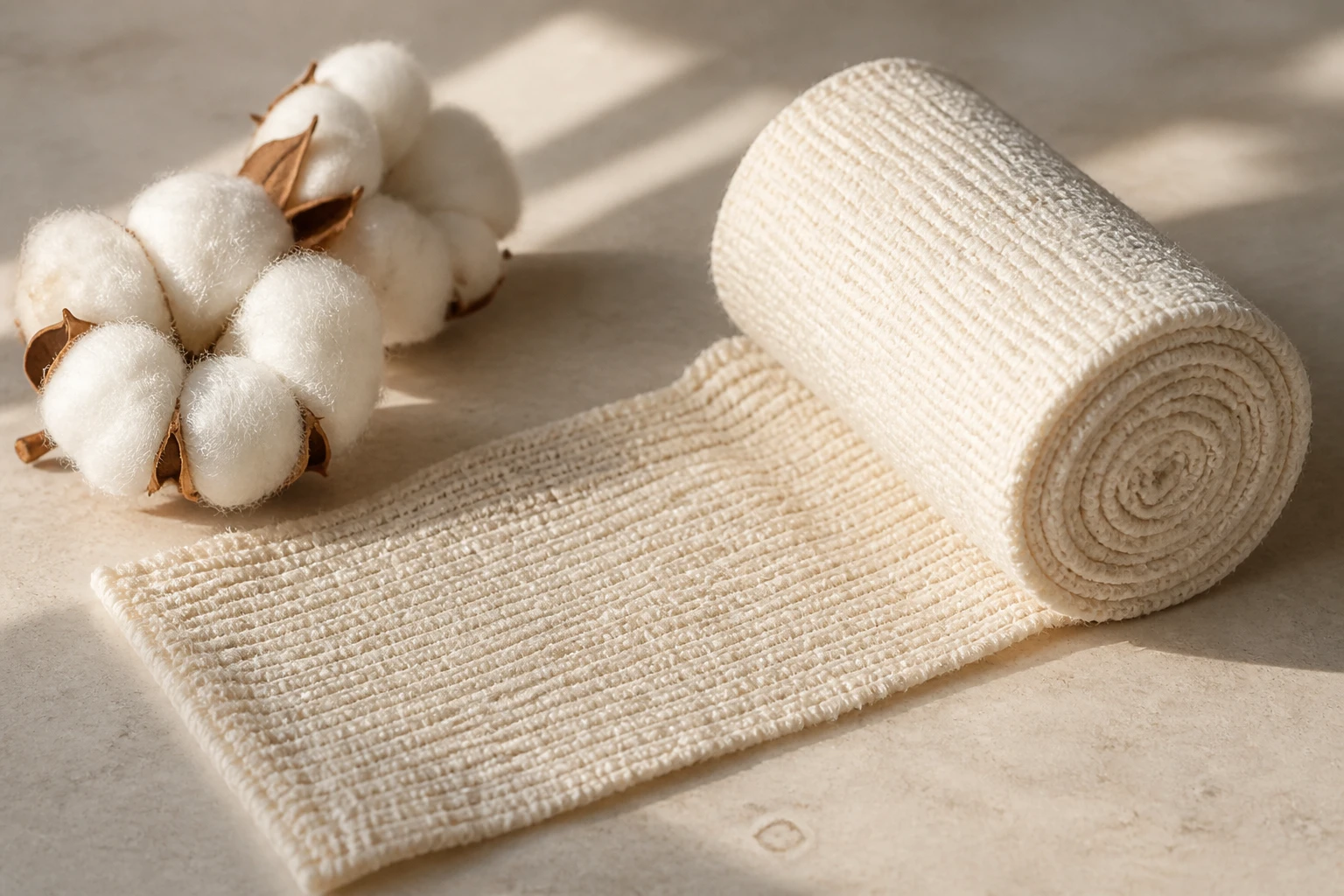A roll of breathable elastic crepe bandage made from certified eco friendly medical cotton resting beside raw cotton bolls on a clean stone surface