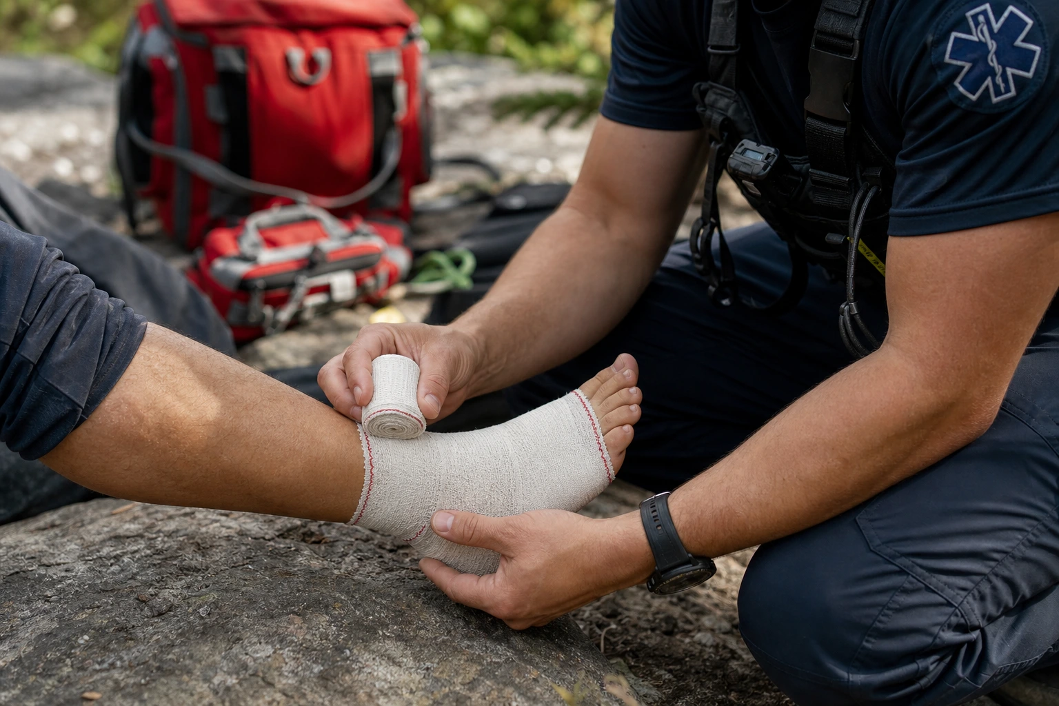 Paramedic applying an emergency elastic crepe bandage to stabilize a limb during a field medical response