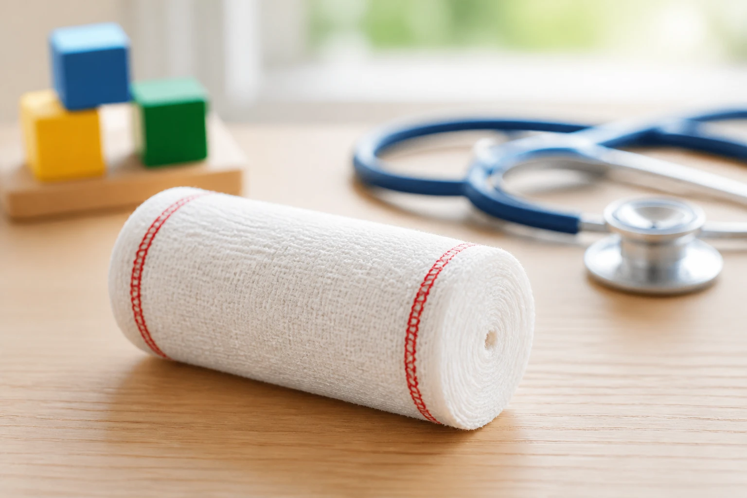 Detailed macro product photograph of a premium latex free crepe bandage roll resting on a clean pediatric hospital desk