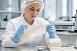 Quality control specialist inspecting MDR compliant medical bandages in an ISO 13485 certified laboratory