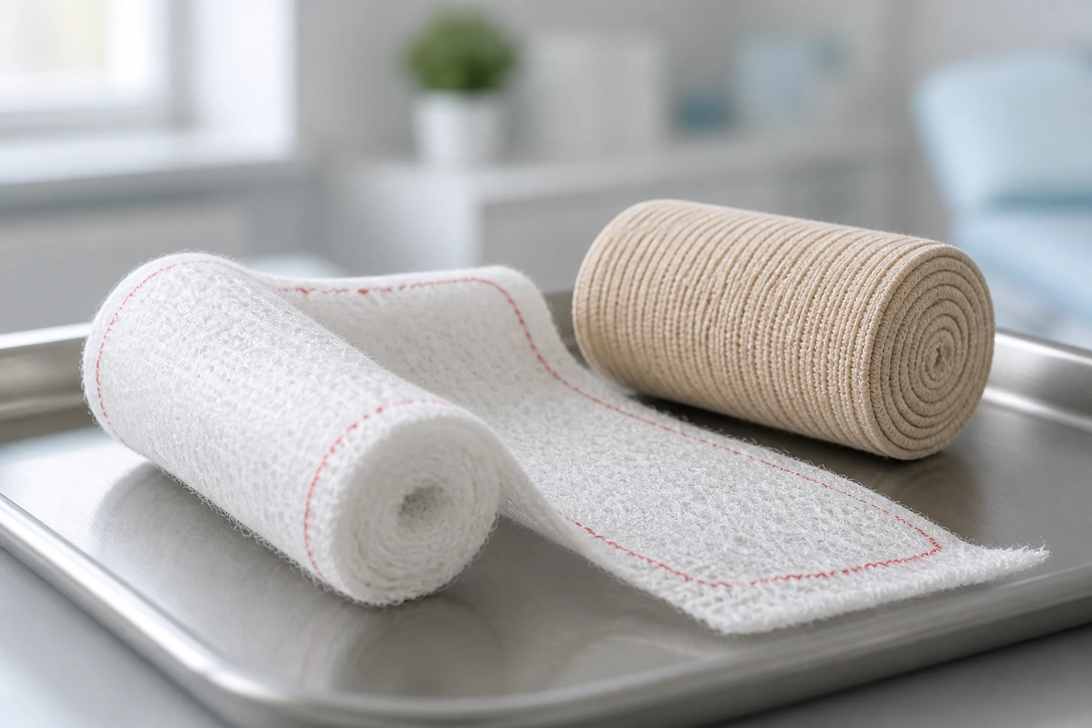 High-grade non-woven orthopedic cast padding roll paired with a heavy duty elastic crepe bandage on a medical tray