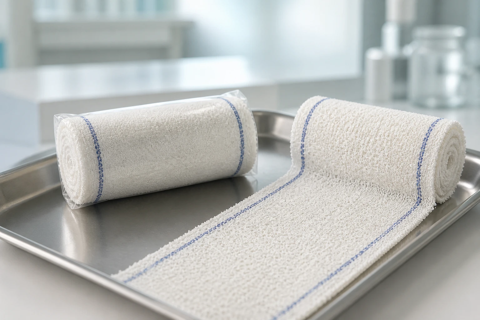Premium roll of pure cotton crepe bandage displaying detailed crinkled weave and breathable texture on a clinical tray.